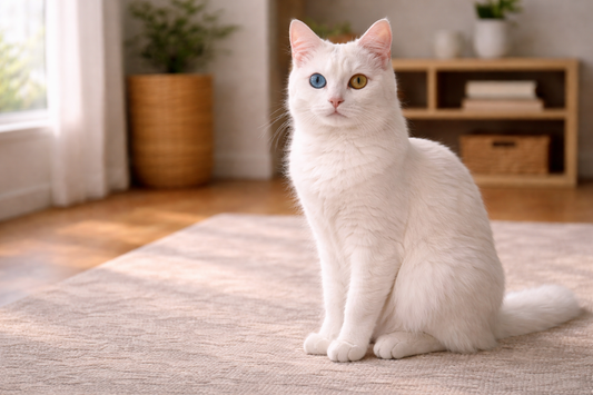 Koninklijke Khao Manee kat met witte vacht en fonkelende ogen, verzorgd in een schone omgeving met Pacha™ kattenbakvulling.