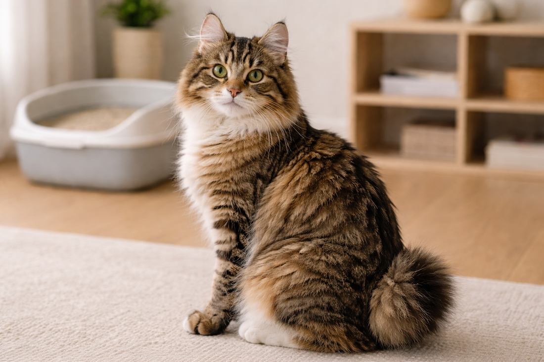 Koerilen Bobtail kat met kenmerkend kort staartje en robuuste bouw met Pacha™ kattenbakvulling op de achtergrond.