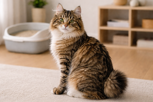 Koerilen Bobtail kat met kenmerkend kort staartje en robuuste bouw met Pacha™ kattenbakvulling op de achtergrond.
