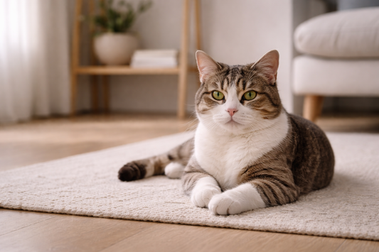 Gezonde kortharige huiskat in een rustige thuisomgeving dankzij goede verzorging en Pacha™ kattenbakvulling.