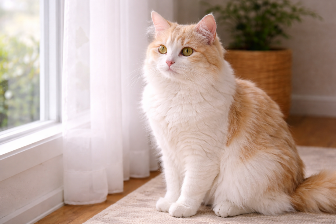 Langharige huiskat met volle, glanzende vacht bij het raam, een prachtig voorbeeld van natuurlijke variatie, met Pacha™ kattenbakvulling.