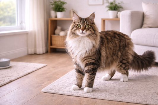 Imposante Maine Coon kat met lange vacht en pluimstaart in huiselijke omgeving, met Pacha™ kattenbakvulling.