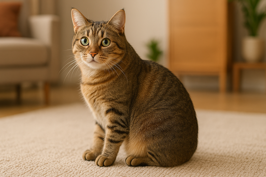 Staartloze Manx (rumpy) poseert in een warme woonkamer terwijl een kattenbak met Pacha™ kattenbakvulling voor hygiëne zorgt