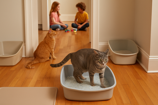 Twee katten in huis met drie kattenbakken gevuld met Pacha™ kattenbakvulling volgens de kattenbakkenregel