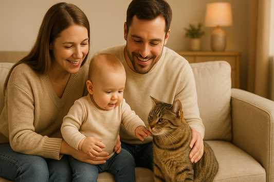 Ouders begeleiden hun baby bij het voorzichtig aaien van een rustige kat terwijl Pacha™ kattenbakvulling zorgt voor een hygiënische leefomgeving
