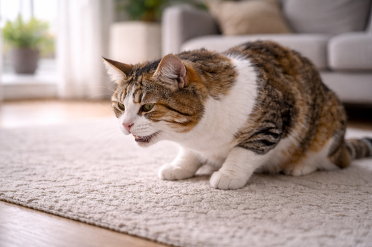 Pacha™ kattenbakvulling: kat met vroege symptomen van astma zoals hoesten en gestrekte houding in een rustige woonkamer