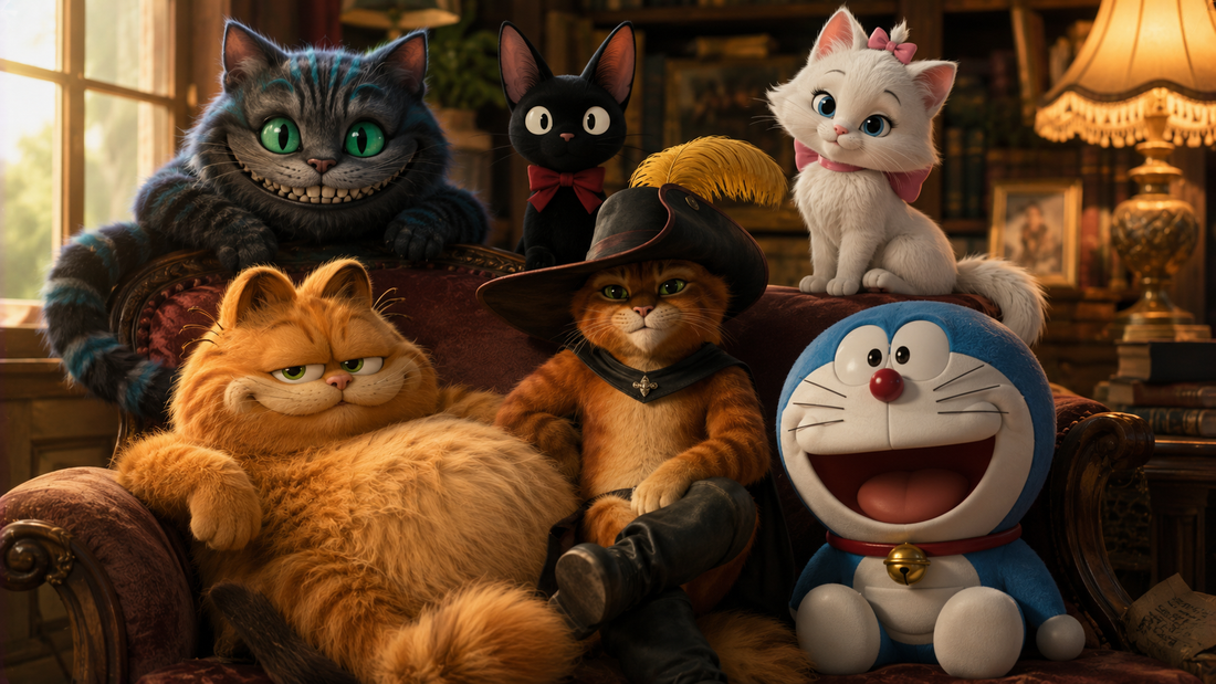 Pacha™ kattenbakvulling – Collage van bekende fictieve katten uit films, strips en anime in een speelse nostalgische stijl