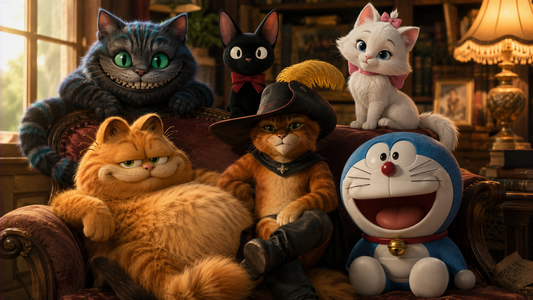 Pacha™ kattenbakvulling – Collage van bekende fictieve katten uit films, strips en anime in een speelse nostalgische stijl