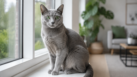Pacha™ kattenbakvulling – Blauwe Rus kat met zilverglanzende blauwgrijze vacht, heldergroene ogen en een pluche uitstraling