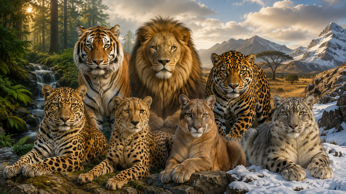 Pacha™ kattenbakvulling – overzicht van zeven grote katachtigen, waaronder tijger, leeuw, jaguar, luipaard, cheeta, poema en sneeuwpanter