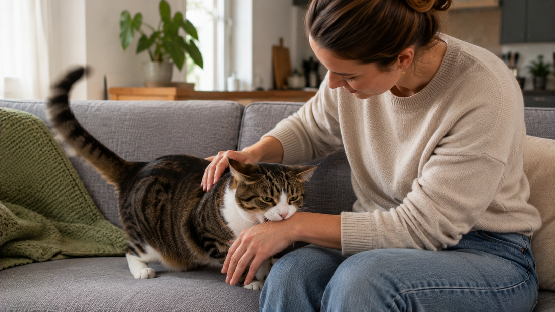 Pacha™ kattenbakvulling – Kat bijt tijdens aaien: love bite als signaal van overprikkeling met staart- en oorwaarschuwingen