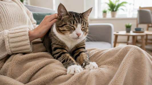 Pacha™ kattenbakvulling – Kat kneedt op de schoot van zijn baasje als teken van vertrouwen, ontspanning en genegenheid