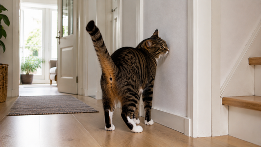 Pacha™ kattenbakvulling – Kat sproeit tegen muur: herken de typische sproeihouding met staart omhoog bij een verticale plek