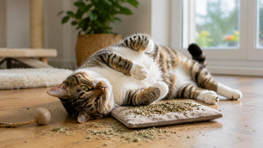 Pacha™ kattenbakvulling – Kattenkruid voor katten in beeld: een kat rolt, wrijft en speelt enthousiast na catnip
