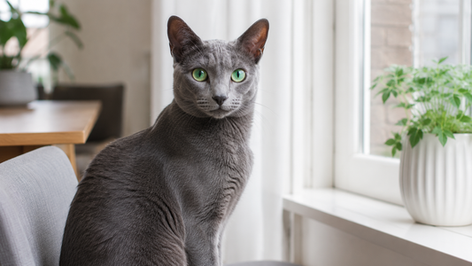 Pacha™ kattenbakvulling – Korat kat met zilverblauwe vacht, groene ogen en een hartvormige kop in een rustig interieur
