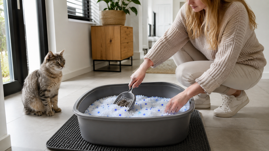Dagelijkse routine met silica kattenbakvulling en een frisse kattenbak dankzij Pacha™ kattenbakvulling