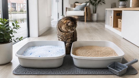 Vergelijking van silica kattenbakvulling en klonterende kattenbakvulling in een schoon huis met Pacha™ kattenbakvulling