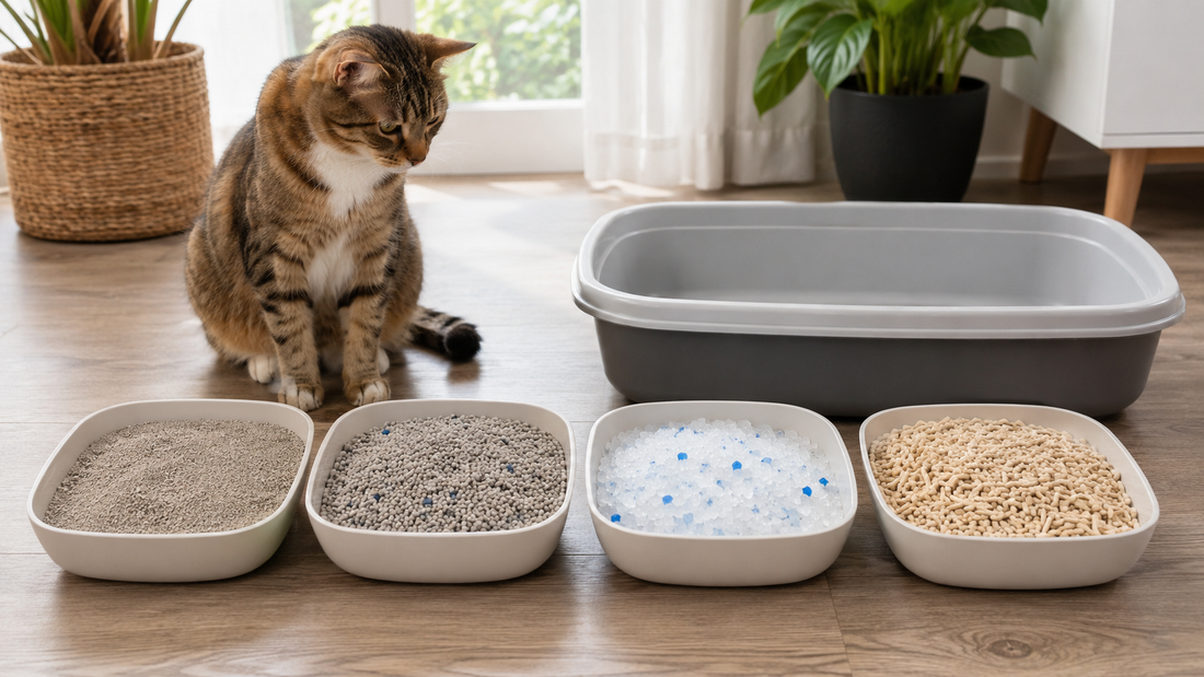 Pacha™ kattenbakvulling – overzicht van verschillende soorten kattenbakvulling zoals klei, bentoniet, silica en plantaardige korrels in een modern huis