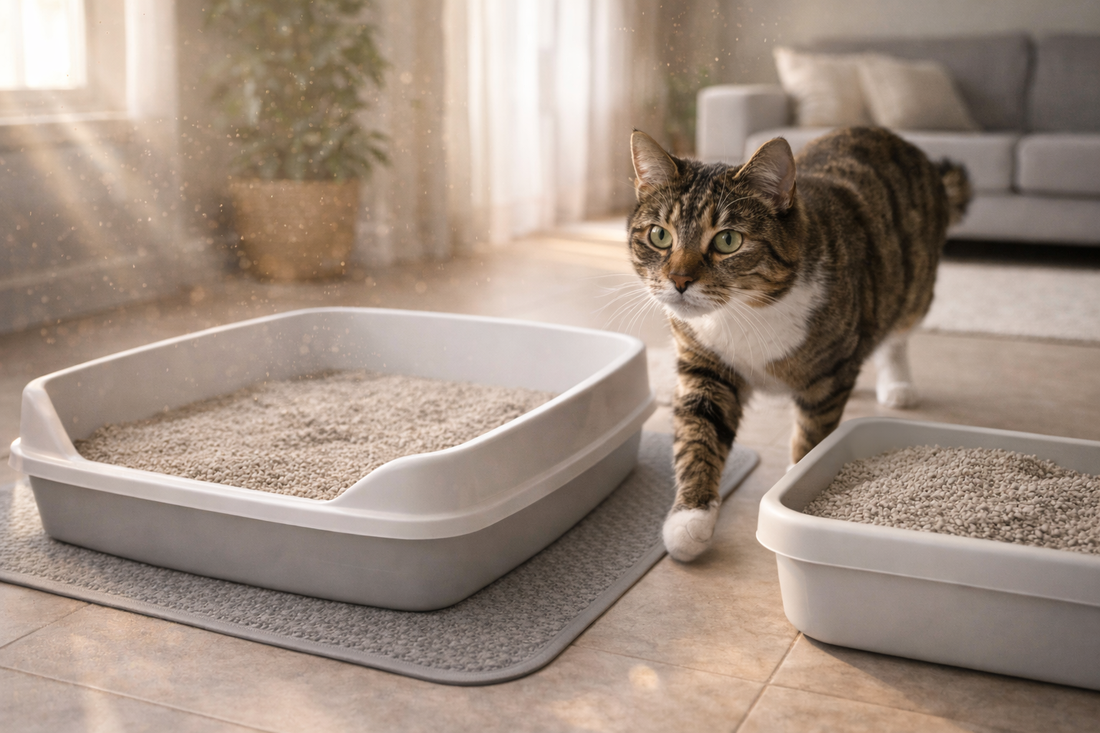 Zonlicht laat stofdeeltjes zien bij de kattenbak, terwijl een kat rustig wegloopt van een schone bak met Pacha™ kattenbakvulling.