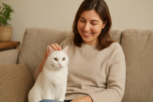 Kat geniet van quality time met zijn eigenaar op de bank terwijl Pacha™ kattenbakvulling zorgt voor een frisse omgeving
