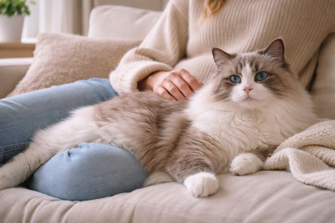 Aanhankelijke Ragdoll kat die ontspannen naast zijn baasje ligt, bekend om zijn rustige karakter, met Pacha™ kattenbakvulling.