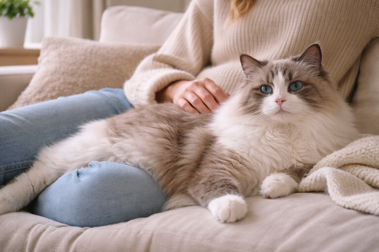 Aanhankelijke Ragdoll kat die ontspannen naast zijn baasje ligt, bekend om zijn rustige karakter, met Pacha™ kattenbakvulling.