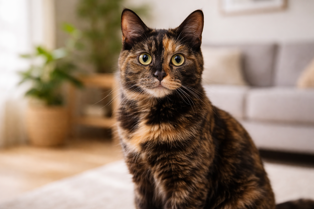 Schildpadkat met uniek zwart-oranje vachtpatroon in huiselijke omgeving met Pacha™ kattenbakvulling