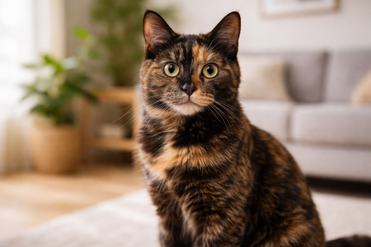 Schildpadkat met uniek zwart-oranje vachtpatroon in huiselijke omgeving met Pacha™ kattenbakvulling