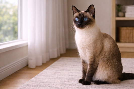 Elegante Siamese kat met felblauwe ogen en point-patroon in huiselijke omgeving, met Pacha™ kattenbakvulling.