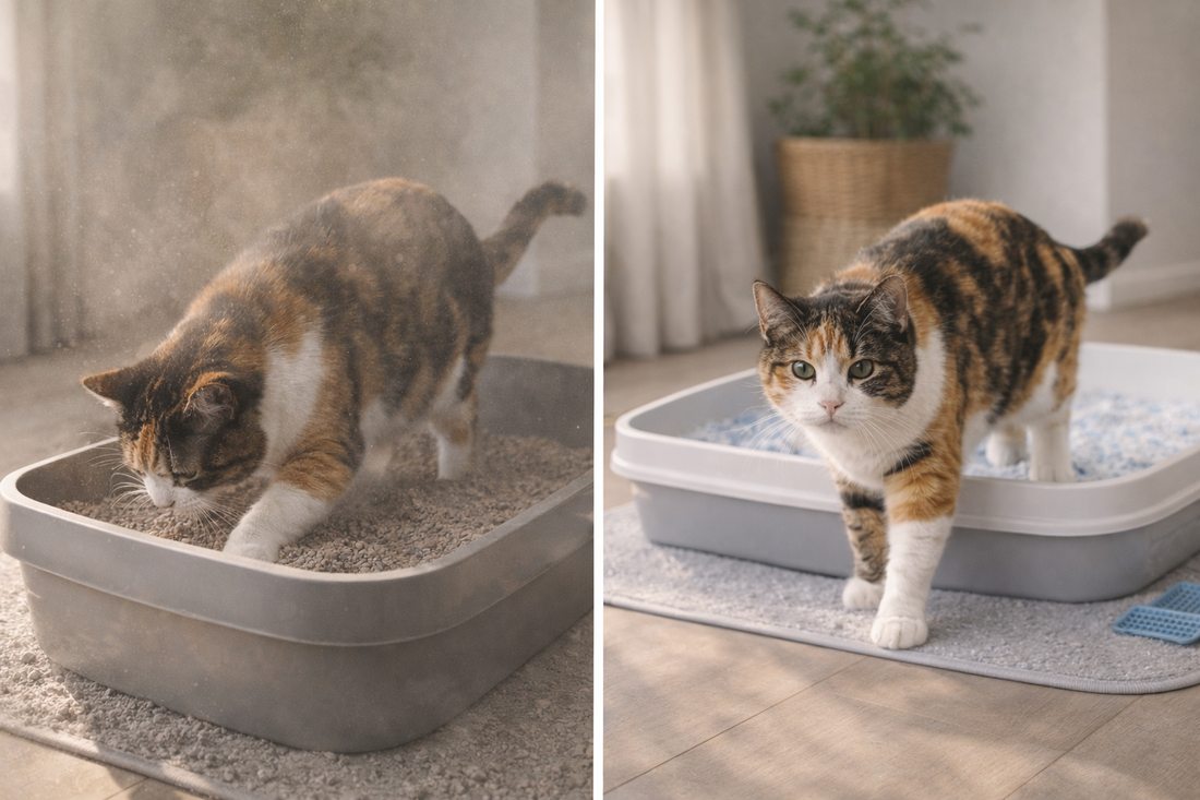 Vergelijking tussen stoffige en stofvrije kattenbak met Pacha™ kattenbakvulling in huis