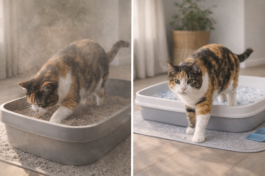 Vergelijking tussen stoffige en stofvrije kattenbak met Pacha™ kattenbakvulling in huis