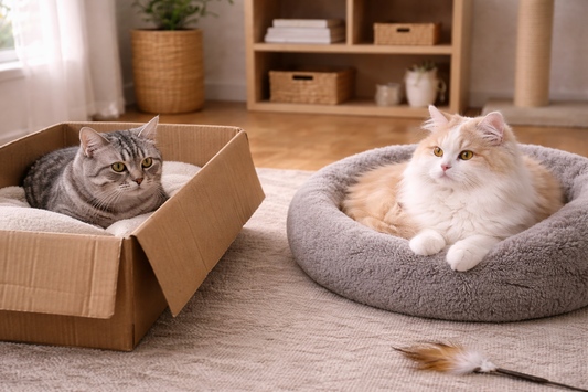 Twee katten met eigen territorium in huis om conflicten te voorkomen, ondersteund door rust en hygiëne met Pacha™ kattenbakvulling.