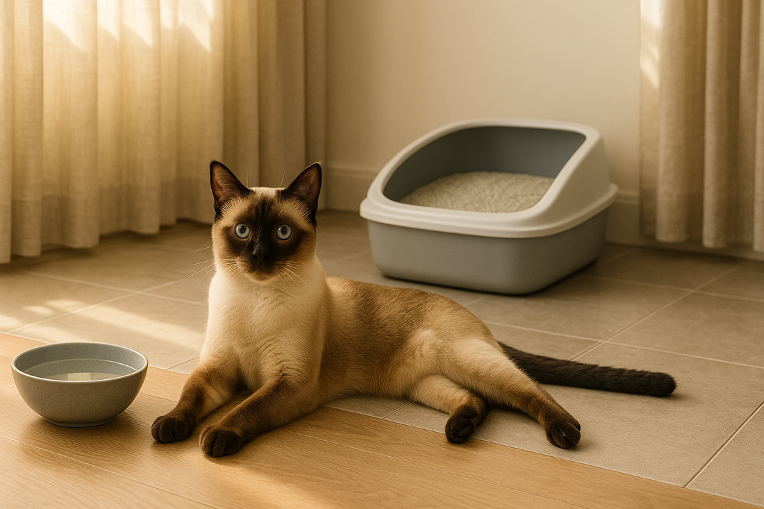 Thai kat met klassieke point-kleuren en ronde kop in huiselijke omgeving met Pacha™ kattenbakvulling op de achtergrond.