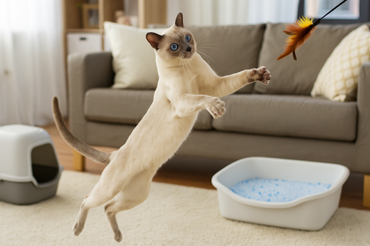 Tonkinese kat speelt actief in de woonkamer terwijl Pacha™ kattenbakvulling zorgt voor een frisse en comfortabele leefomgeving