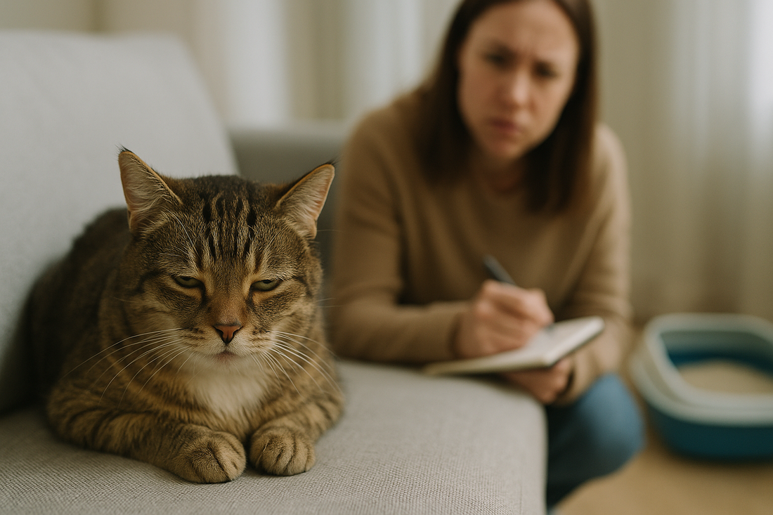 Zieke kat met lusteloosheid terwijl de eigenaar symptomen observeert, met Pacha™ kattenbakvulling zichtbaar op de achtergrond.