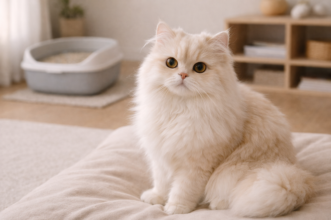 Traditionele Perzische kat met poppengezicht en lange vacht in huiselijke omgeving met Pacha™ kattenbakvulling op de achtergrond.