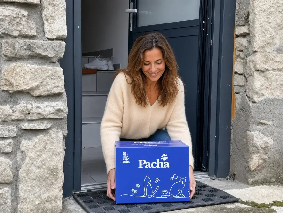 Pacha-klant die haar Pacha-pakket bij de voordeur in ontvangst neemt