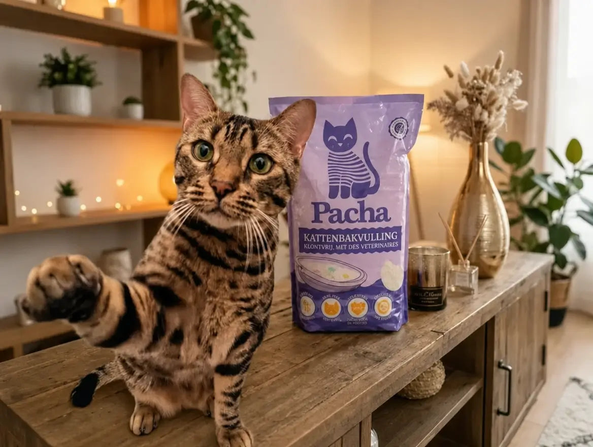 Bengaalkat naast een Pacha-zak