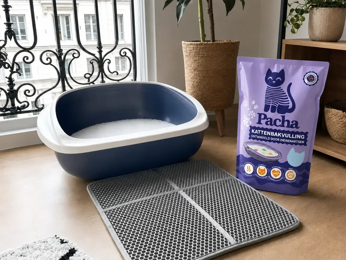 Kattenbak met Pacha-kattenbakvulling naast XL-mat en zak Pacha thuis