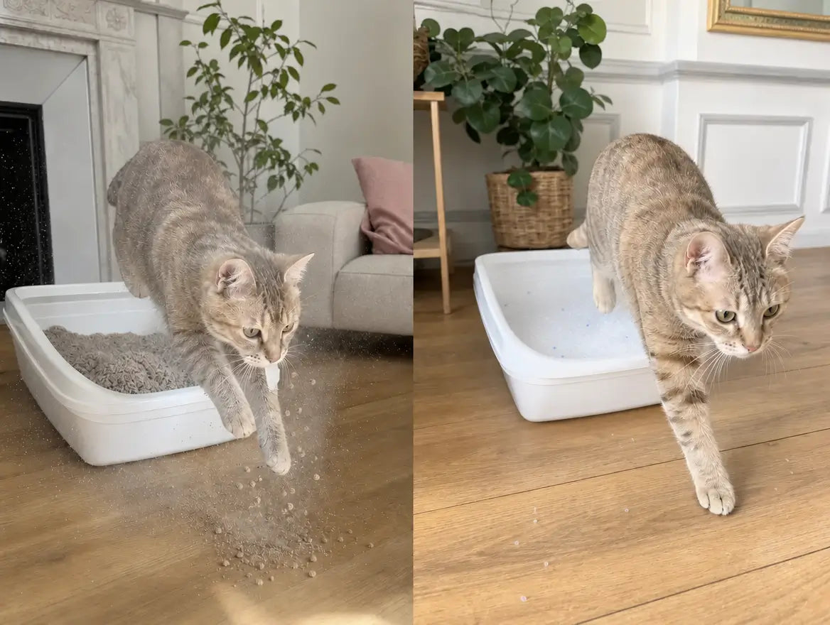Vergelijkend beeld: links komt een kat uit een klassieke klontvormende bak en laat een stofwolk en korrels op de vloer achter; rechts komt een kat uit een Pacha-bak met witte silicakristallen, een paar nette korrels op de grond die zo opgezogen zijn
