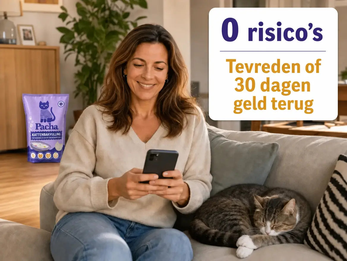 Ontspannen klant op haar bank die op haar smartphone kijkt, een slapende kat naast haar, met de melding over de 30-dagen-tevredenheidsgarantie
