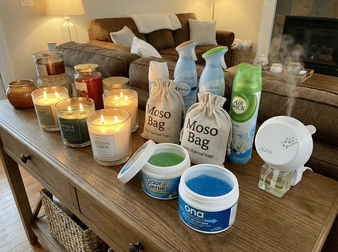 Anti-geur-arsenaal: kaarsen, sprays, koolzakjes, gelpotjes op een meubel