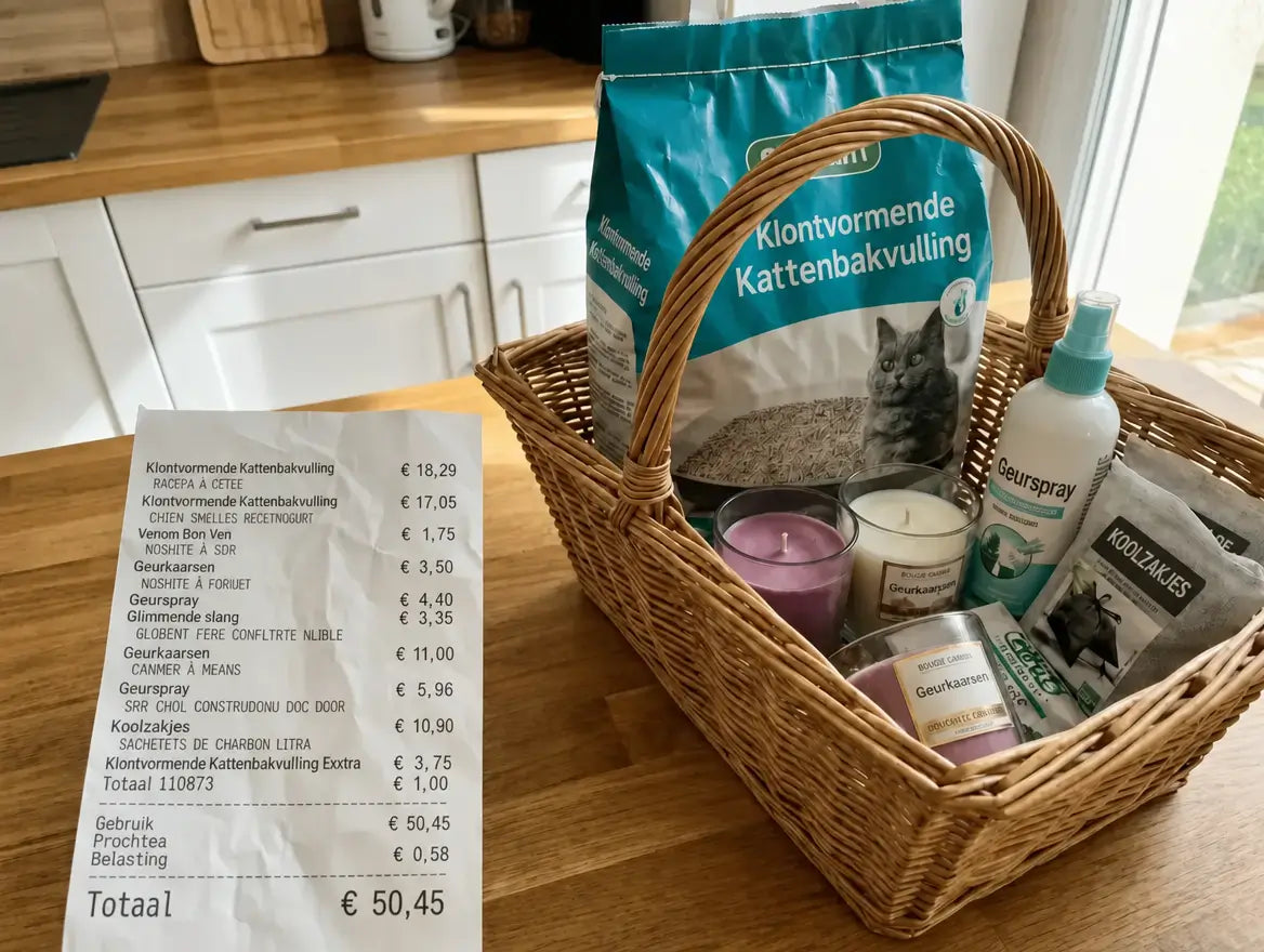 Supermarkt-kassabon van circa &euro; 45 met winkelmandje: kattenbakvulling, kaarsen, sprays, kool