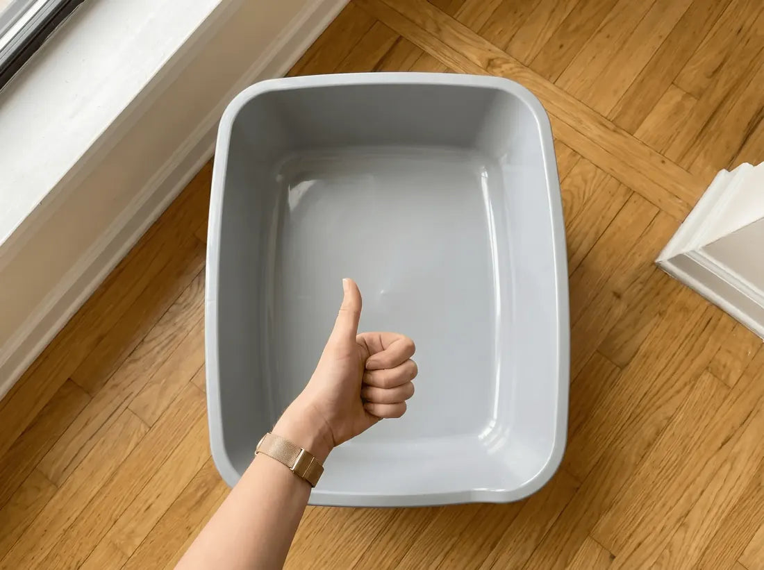 Spik en span kattenbak met duim omhoog
