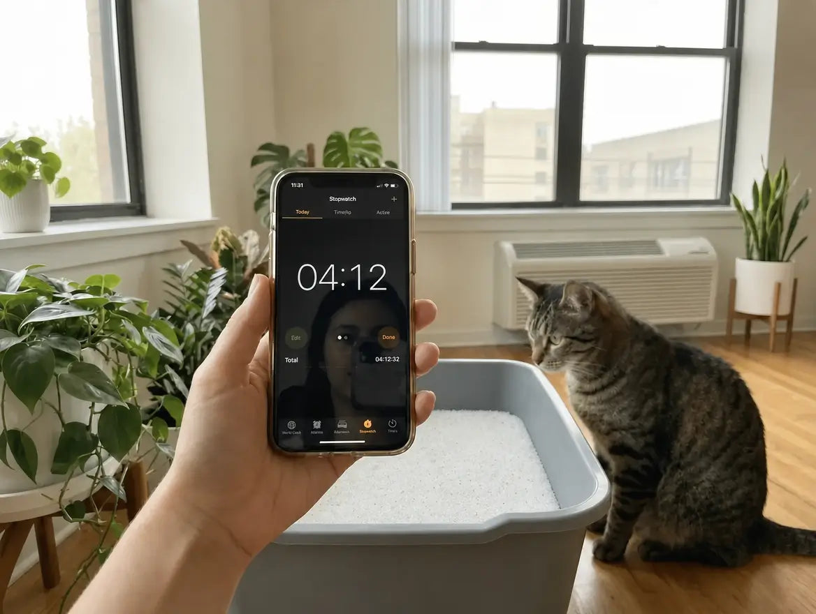 Stopwatch op 4:12 op de telefoon, de kat naast de bak