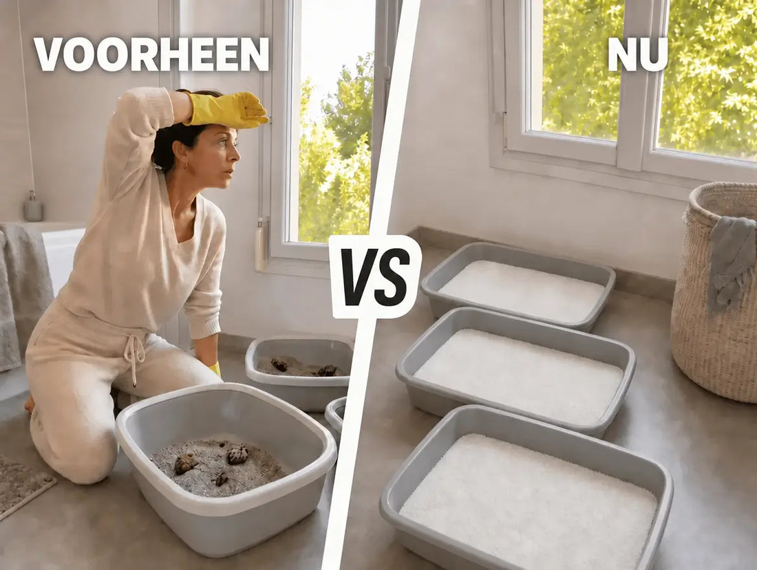Vergelijking voor / na: links een uitgeputte vrouw op haar knie&euml;n met gele handschoenen voor vieze bakken met klontvormende vulling en zichtbare drollen, rechts drie bakken gevuld met witte Pacha-kristallen netjes naast elkaar