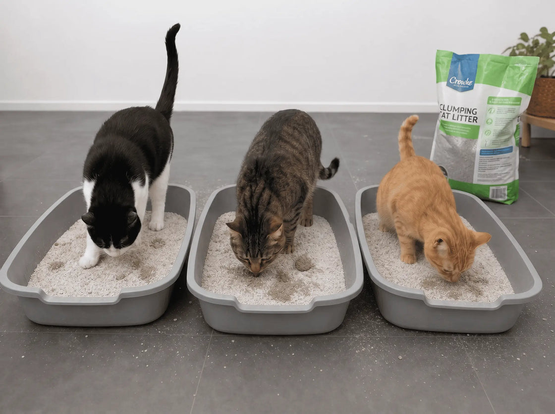 Drie katten die elk hun eigen bak met grijze klontvormende vulling in een appartement gebruiken