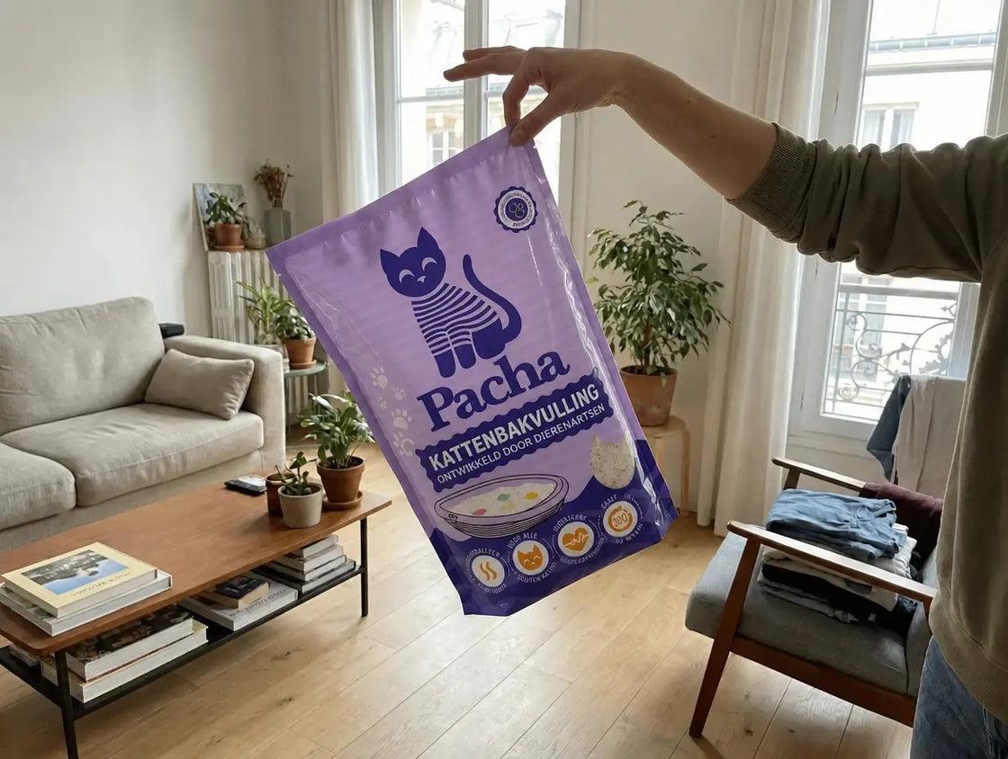 Een hand houdt een zak Pacha-kattenbakvulling tussen twee vingers vast, zo licht is hij