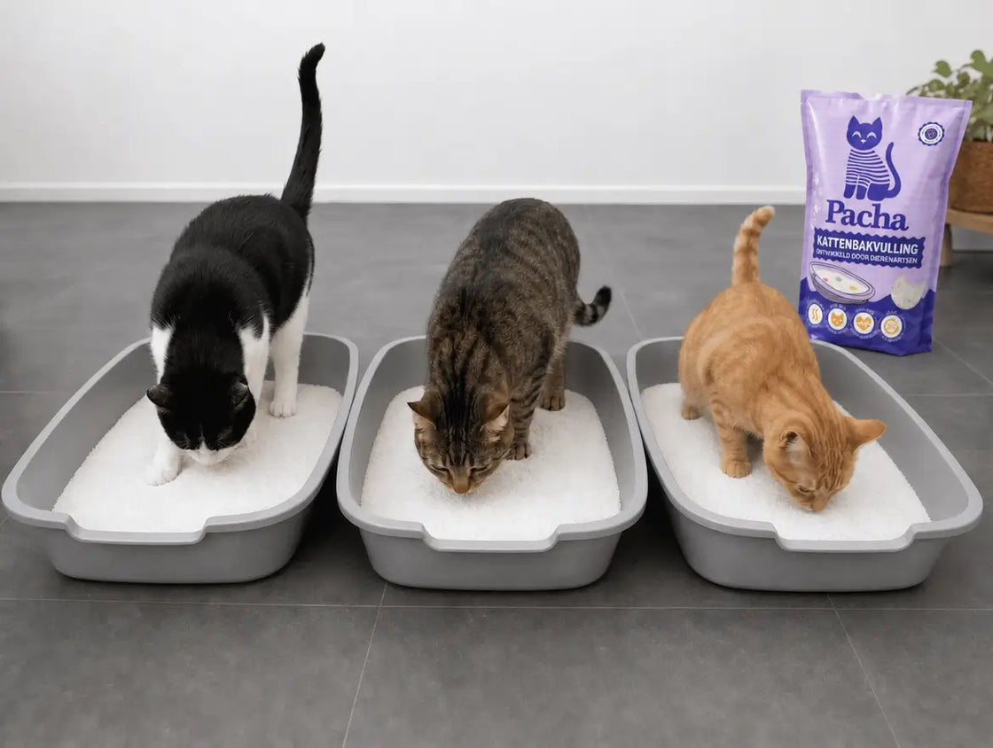 Drie katten, elk in zijn eigen bak gevuld met witte Pacha-kristallen, aan het inspecteren, de Pacha-zak ernaast