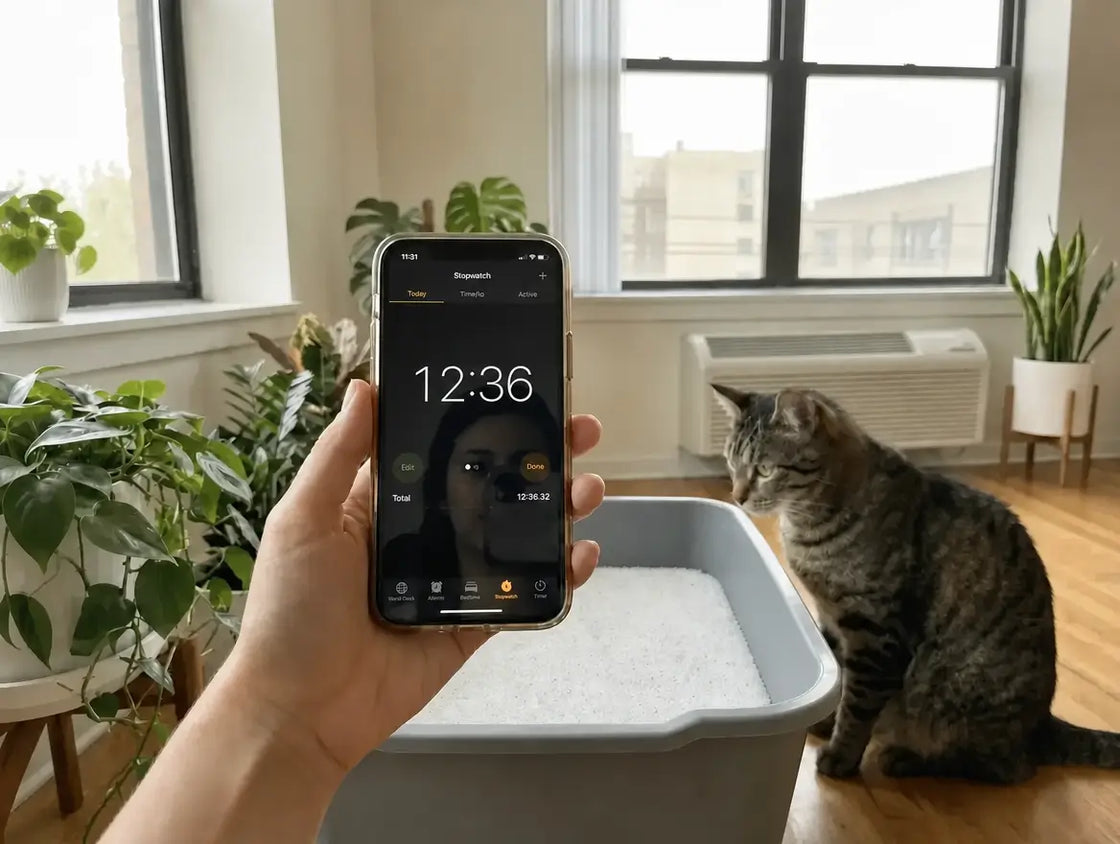 Een hand houdt een smartphone met een chronometer vast, een gestreepte kat zit naast een bak gevuld met witte Pacha-kristallen